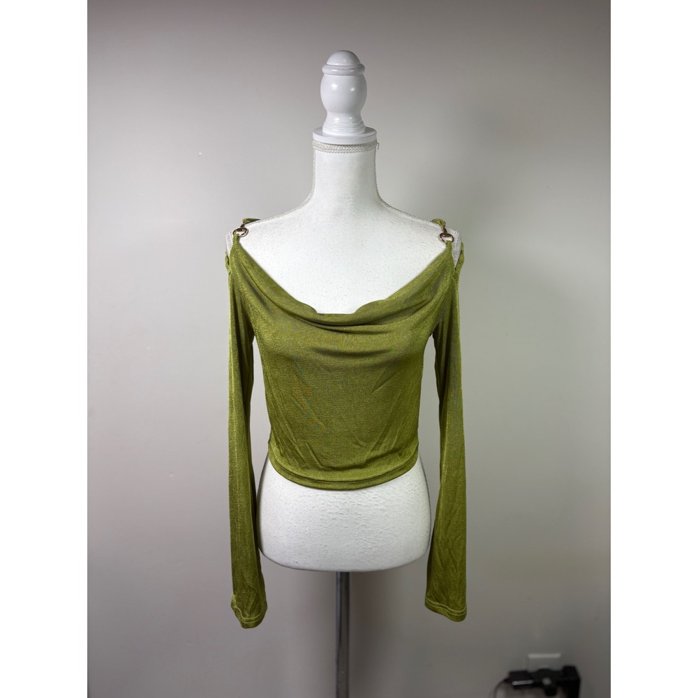 Cider Women Medium Olive Green Shimmer Cowl Neck Cold Shoulder Crop Top Sleeve